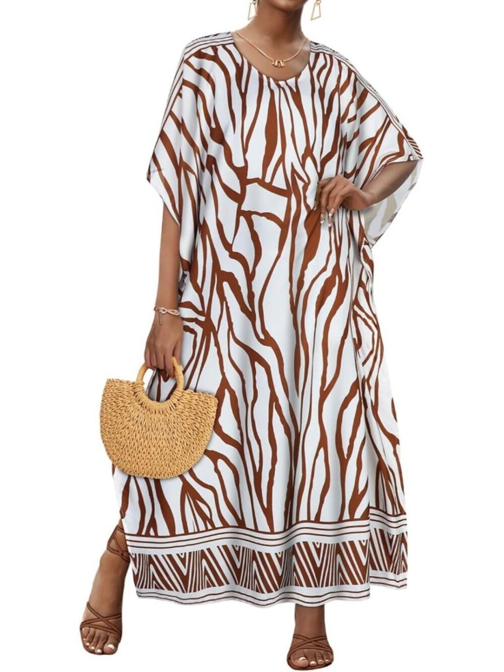 Women's Beige Wave Stripe Plus Size V Neck Caftan Long Batwing Sleeve Cover Up